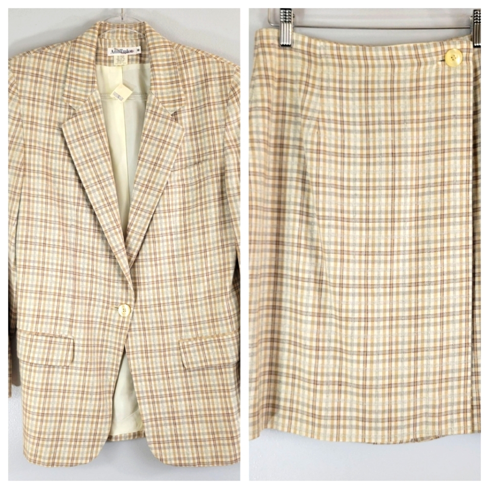 Ann Taylor Cream and Tan Plaid Skirt Suit